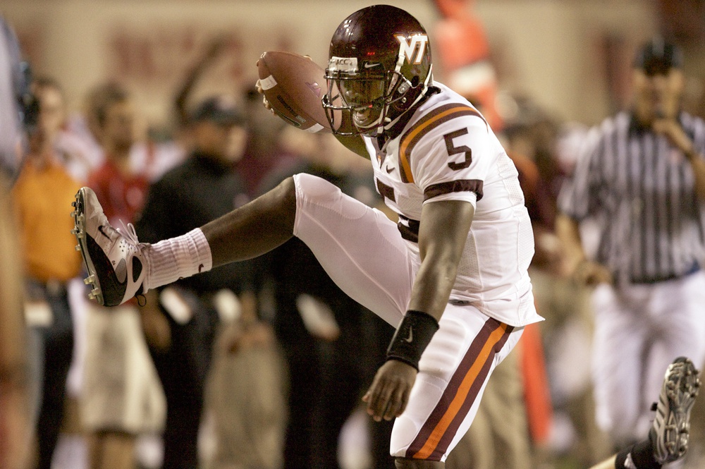 Sep. 27, 2008; Lincoln, NE, USA; Virginia Tech Hokies quarterback Tyrod Taylor (5) heads out of bounds after gaining 30 yards against the Nebraska Cornhuskers during the third quarter at Memorial Stadium. Virginia Tech won 35-30.