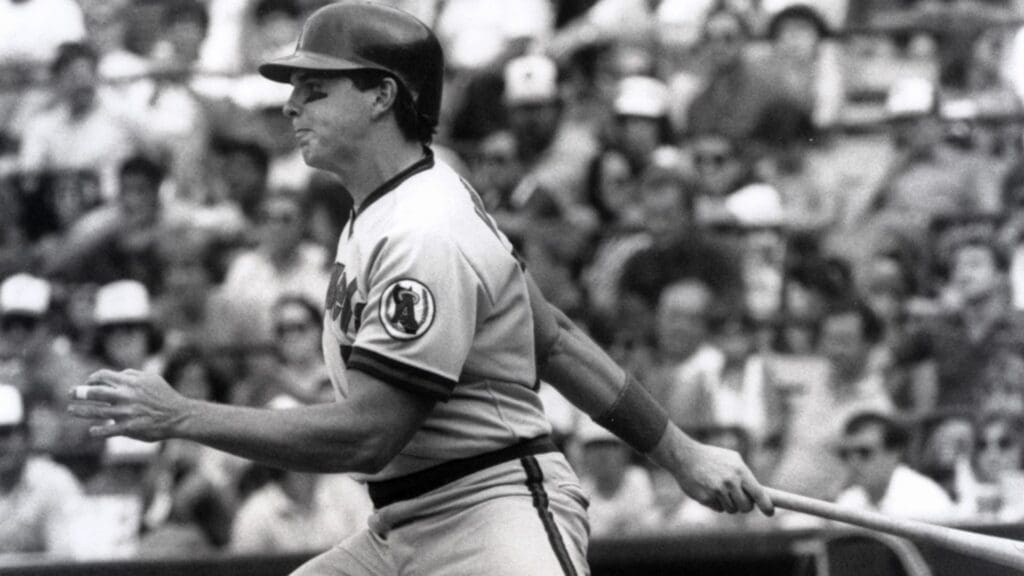 Aug 1987; Unknown Location, USA; FILE PHOTO; California Angels first baseman Wally Joyner in action during the 1987 season.