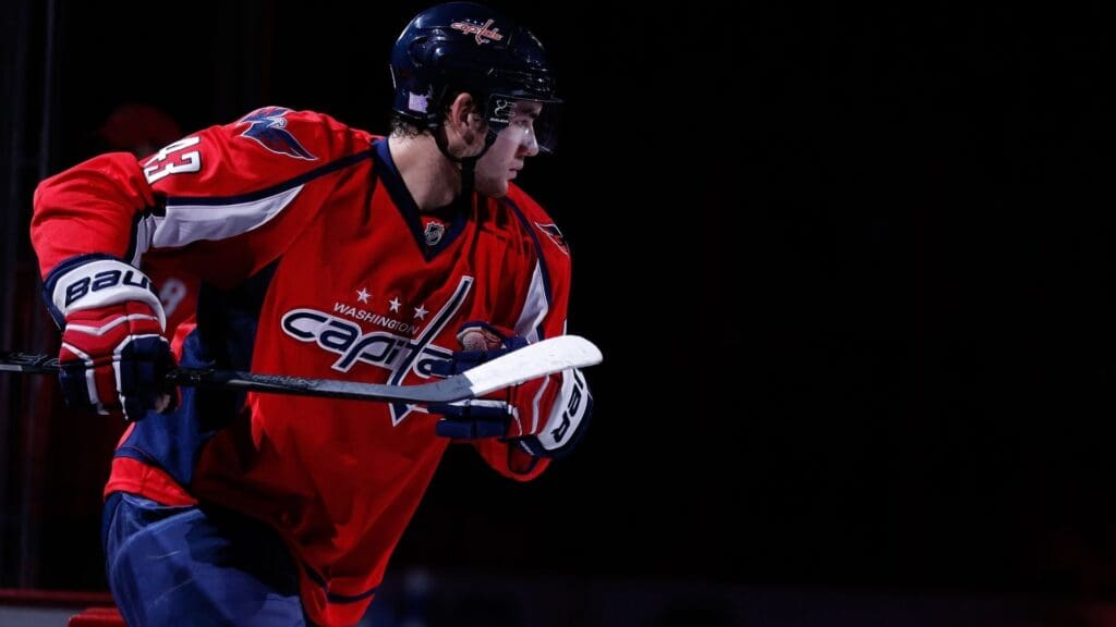 Oct 12, 2013; Washington, DC, USA; Washington Capitals right wing Tom Wilson (43) takes to the ice against the Colorado Avalanche at Verizon Center.