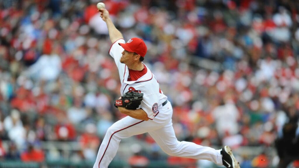 Apr 12, 2012; Washington, DC, USA; Washington Nationals pitcher Brad Lidge pitches in the ninth inning agains the Cincinnati Reds at Nationals Park. Washington won 3-2.