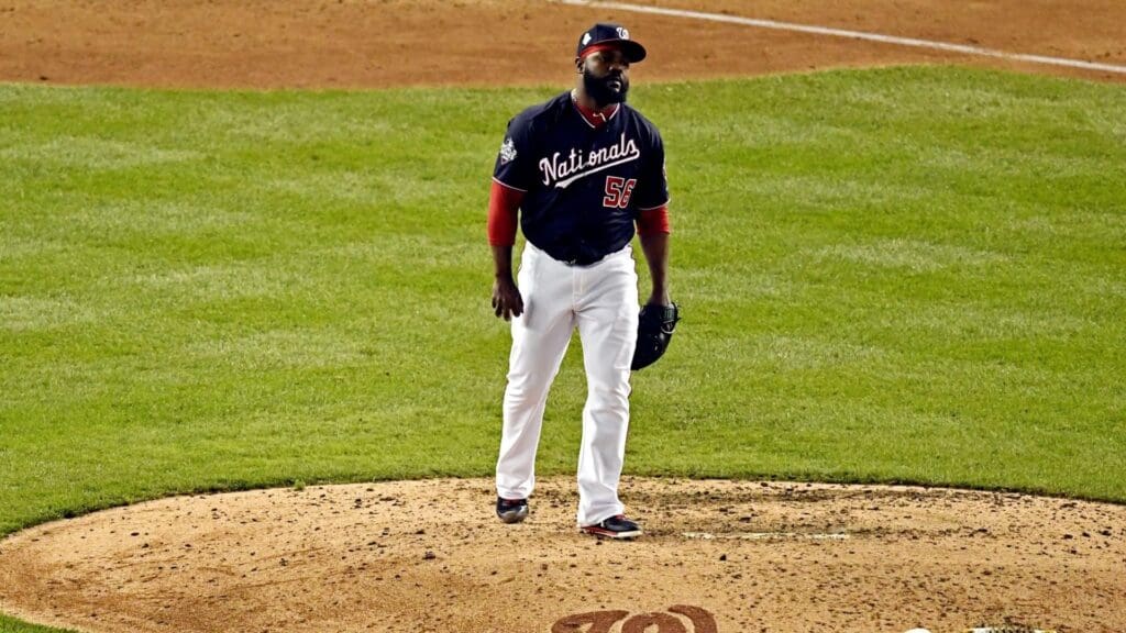 Oct 26, 2019; Washington, DC, USA; Washington Nationals relief pitcher Fernando Rodney (56) reacts during the seventh inning against the Houston Astros in game four of the 2019 World Series at Nationals Park.