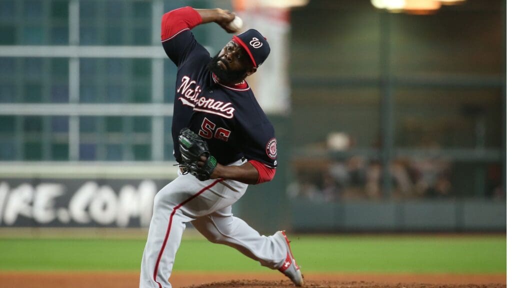 Oct 23, 2019; Houston, TX, USA; Washington Nationals relief pitcher Fernando Rodney (56) throws against the Houston Astros during the seventh inning of game two of the 2019 World Series at Minute Maid Park.