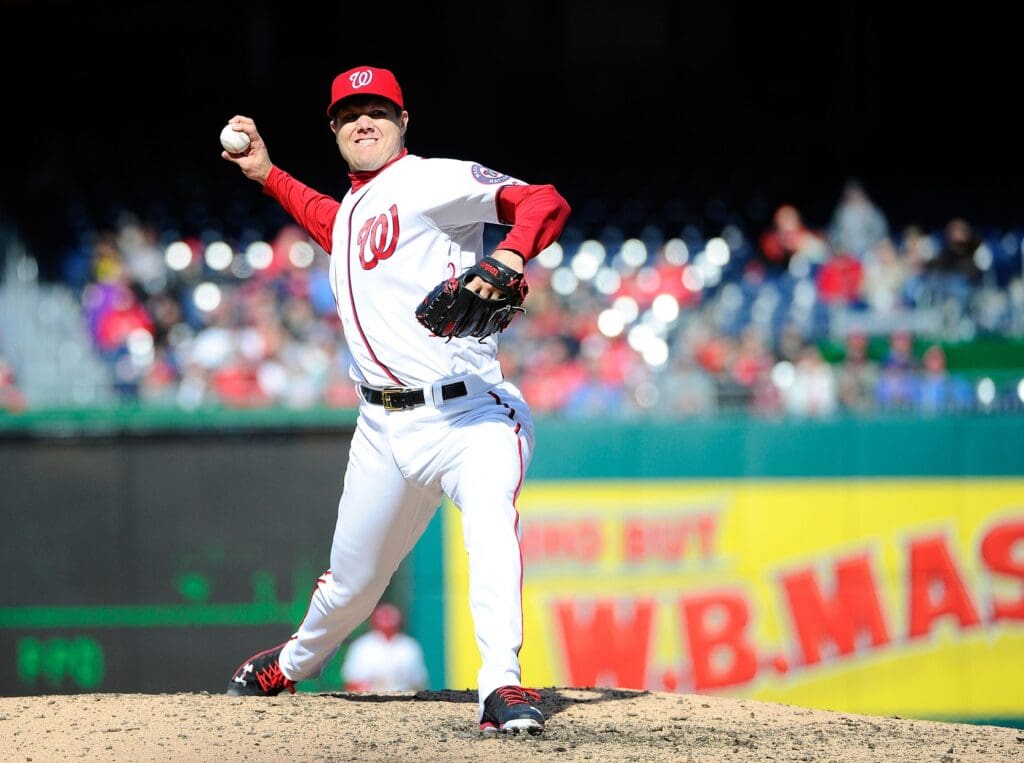 Apr 10, 2016; Washington, DC, USA; Washington Nationals relief pitcher Jonathan Papelbon (58) throws to the Miami Marlins during the ninth inning at Nationals Park.
