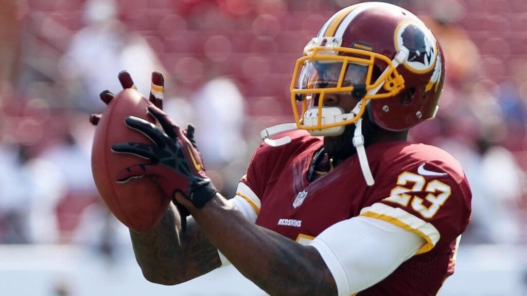 September 30, 2012; Tampa, FL, USA; Washington Redskins cornerback DeAngelo Hall (23) prior to the game against the Tampa Bay Buccaneers at Raymond James Stadium.