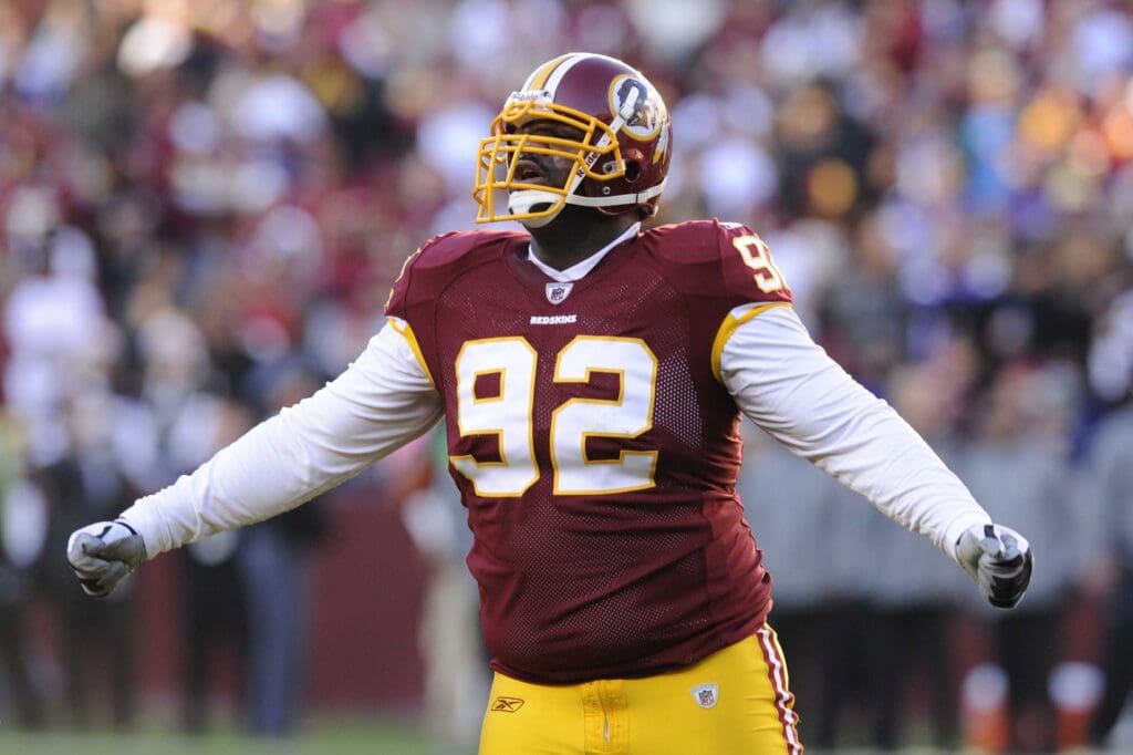 Nov 28, 2010; Landover, MD, USA; Washington Redskins defensive tackle Albert Haynesworth (92) reacts after a play against the Minnesota Vikings during the second half at FedEx Field.