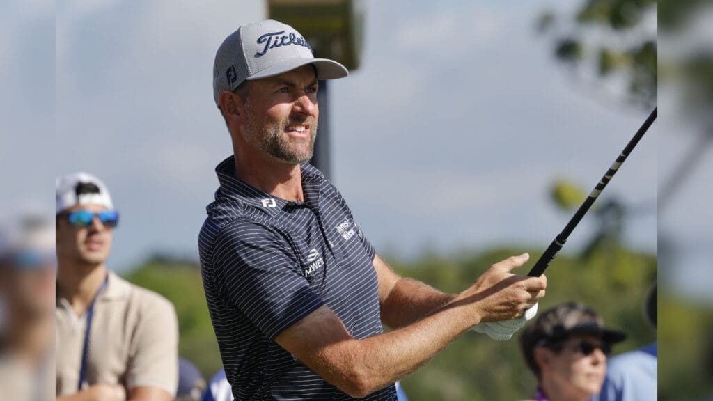 Mar 20, 2025; Palm Harbor, Florida, USA; Webb Simpson plays his shot from the tenth tee during the first round of the Valspar Championship golf tournament at Innisbrook Resort.
