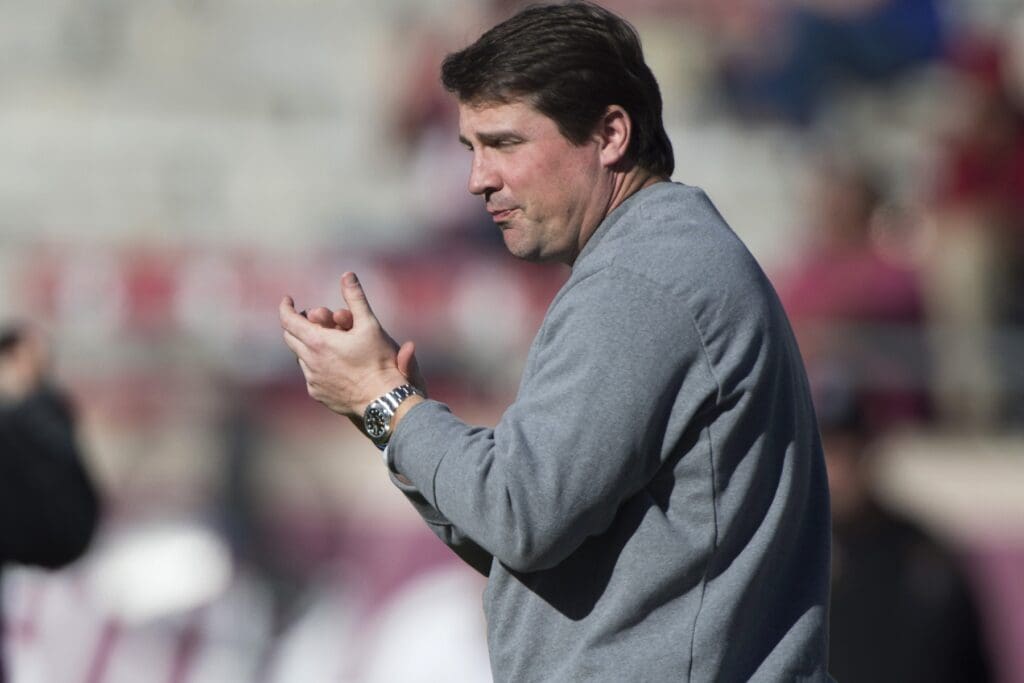 Nov 29, 2014; Tallahassee, FL, USA; Florida Gators head coach Will Muschamp walks across the field prior to the game against the Florida State Seminoles at Doak Campbell Stadium.