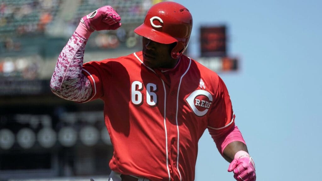 May 12, 2019; San Francisco, CA, USA; Cincinnati Reds right fielder Yasiel Puig (66) celebrates after hitting a solo home run against the San Francisco Giants during the sixth inning at Oracle Park.