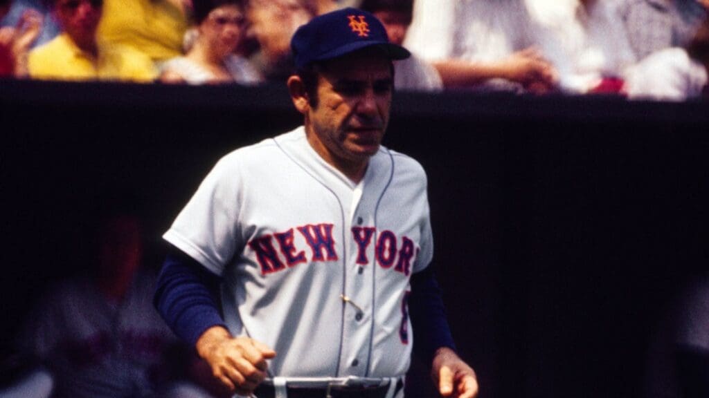 1972; Unknown Location, USA; FILE PHOTO; New York Mets manager Yogi Berra walks out onto the field during the 1972 season.