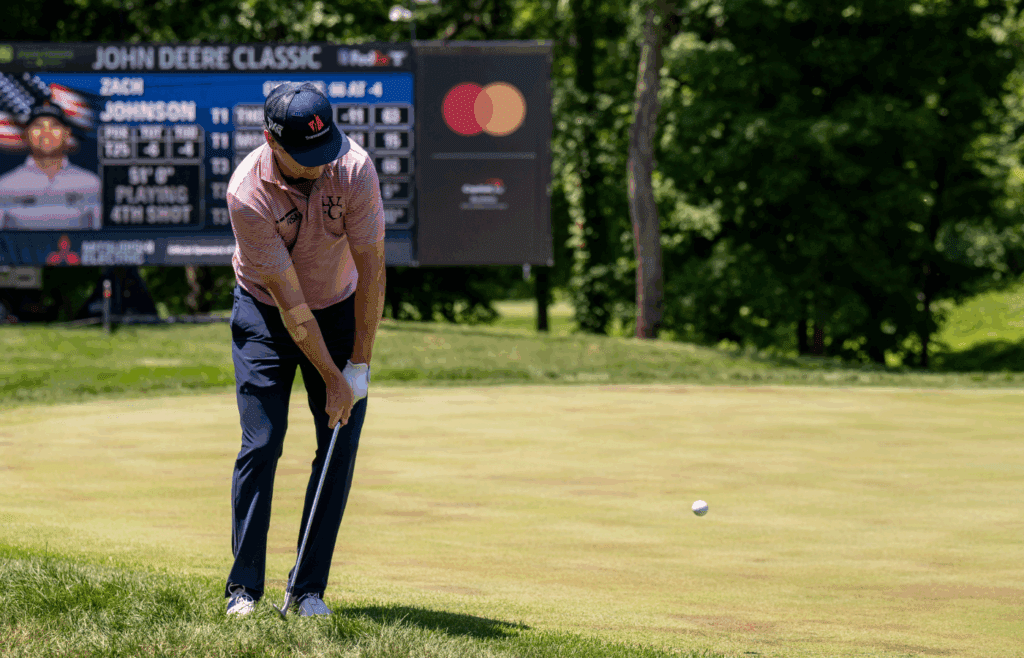 Jul 4, 2025; Silvis, Illinois, USA; Zach Johnson chips onto the 9th hole during the second round of the John Deere Classic golf tournament.