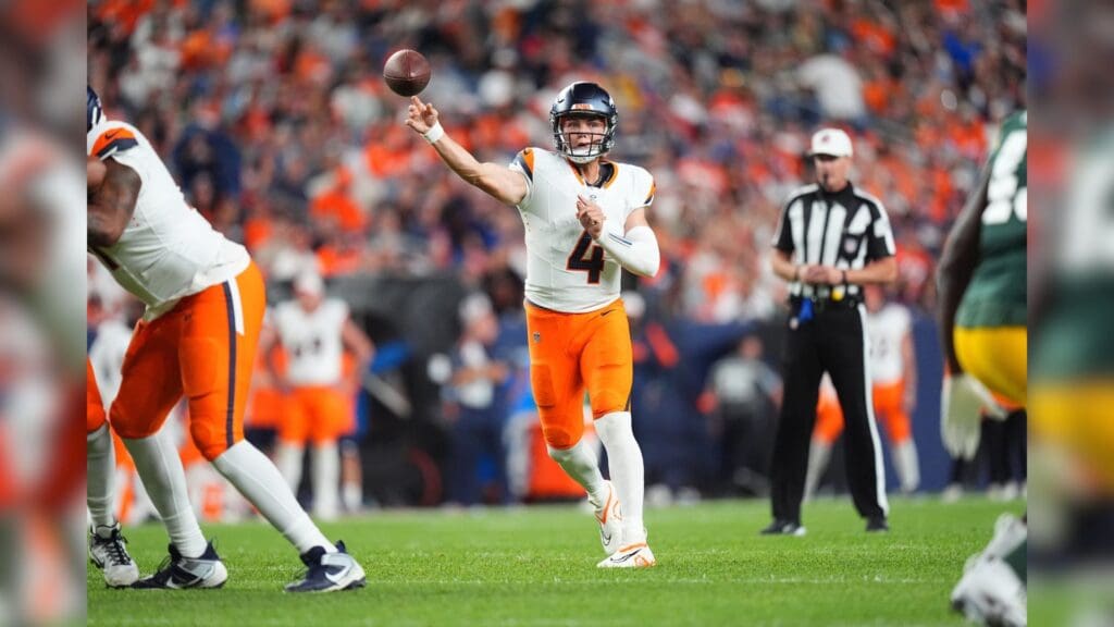 Aug 18, 2024; Denver, Colorado, USA; Denver Broncos quarterback Zach Wilson (4) passes the ball in the second half against the Green Bay Packers at Empower Field at Mile High.