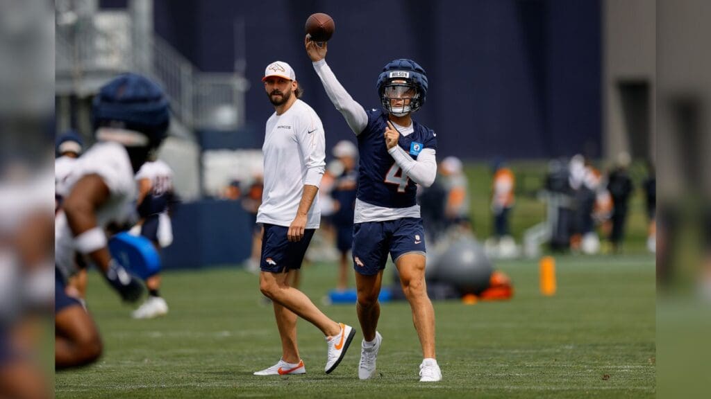Jul 26, 2024; Englewood, CO, USA; Denver Broncos quarterback Zach Wilson (4) during training camp at Broncos Park Powered by CommonSpirit.