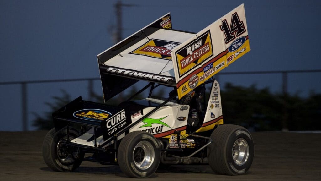 Apr 15, 2017; Mesquite, TX, USA; Sprint Car Driver Tony Stewart (14) during the race at the Devil's Bowl Raceway