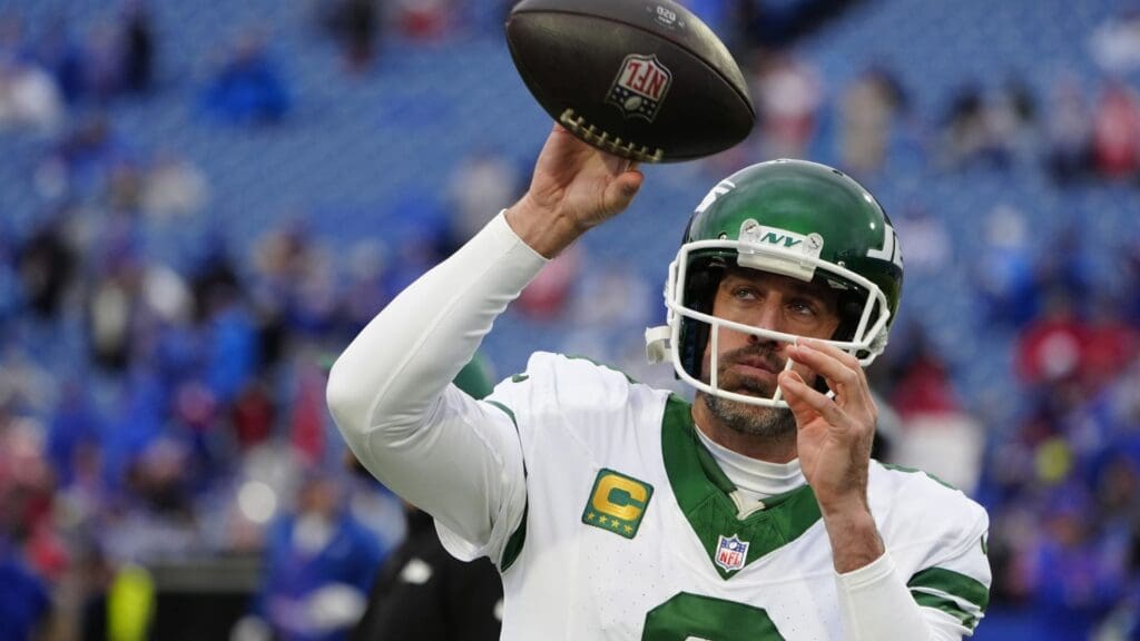 Dec 29, 2024; Orchard Park, New York, USA; New York Jets quarterback Aaron Rodgers (8) warms up prior to the game against the Buffalo Bills at Highmark Stadium.