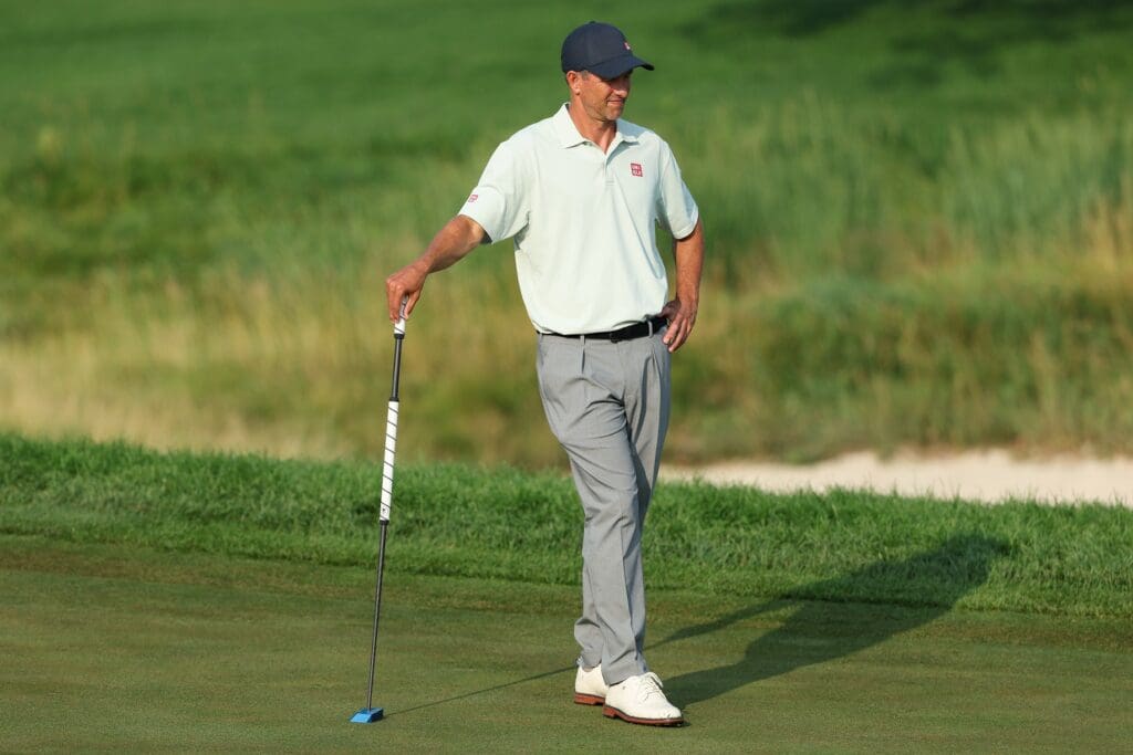 Jul 25, 2025; Blaine, Minnesota, USA; Adam Scott looks on from the 13th green during the second round of the 3M Open golf tournament. 