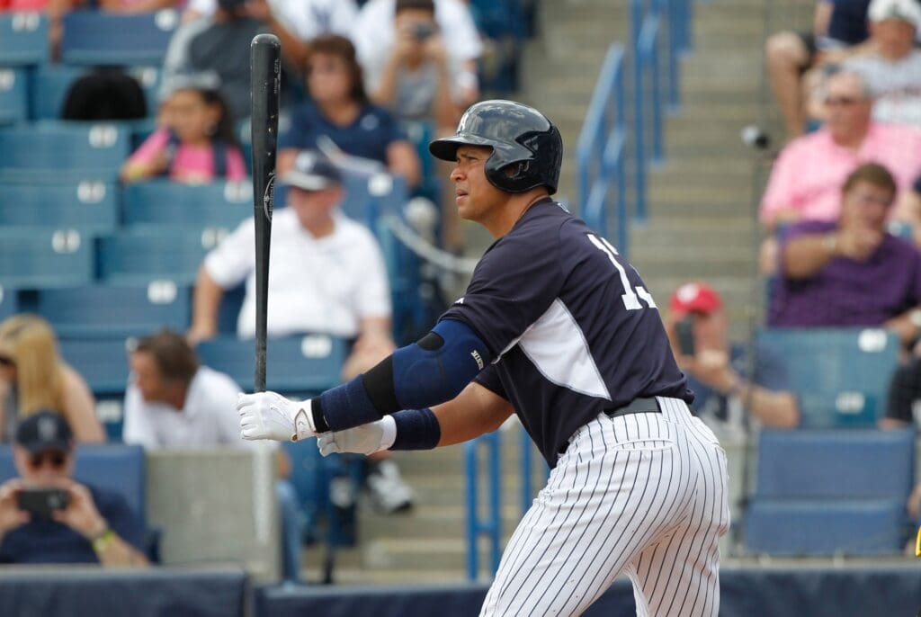 Apr 2, 2015; Tampa, FL, USA; New York Yankees first baseman Alex Rodriguez (13) at bat against the Pittsburgh Pirates at George M. Steinbrenner Field. 