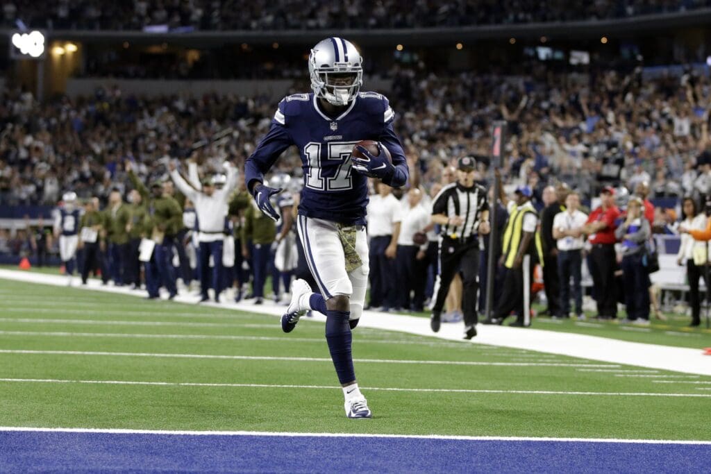 Nov 5, 2018; Arlington, TX, USA; Dallas Cowboys wide receiver Allen Hurns (17) scores a touchdown in the second quarter against the Tennessee Titans at AT&T Stadium.