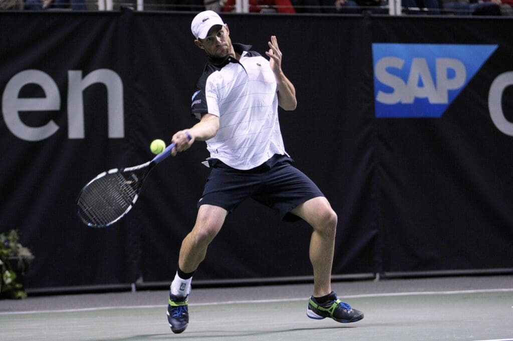 February 15, 2012; San Jose, CA, USA; Andy Roddick (USA) returns the ball against Denis Kudla (not pictured) during day three of the SAP Open tennis tournament at HP Pavilion. Roddick defeated Kudla 6-7, 7-6, 6-4. 