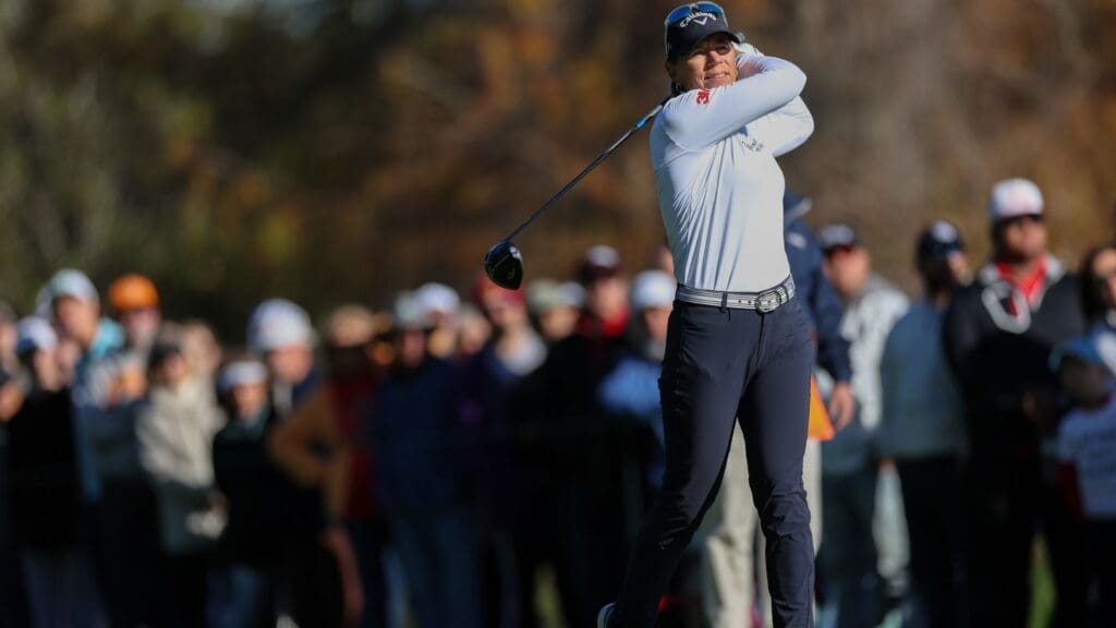 Dec 21, 2024; Orlando, Florida, [USA]; Annika Sorenstam tees off during the PNC Championship at The Ritz-Carlton Golf Club.
