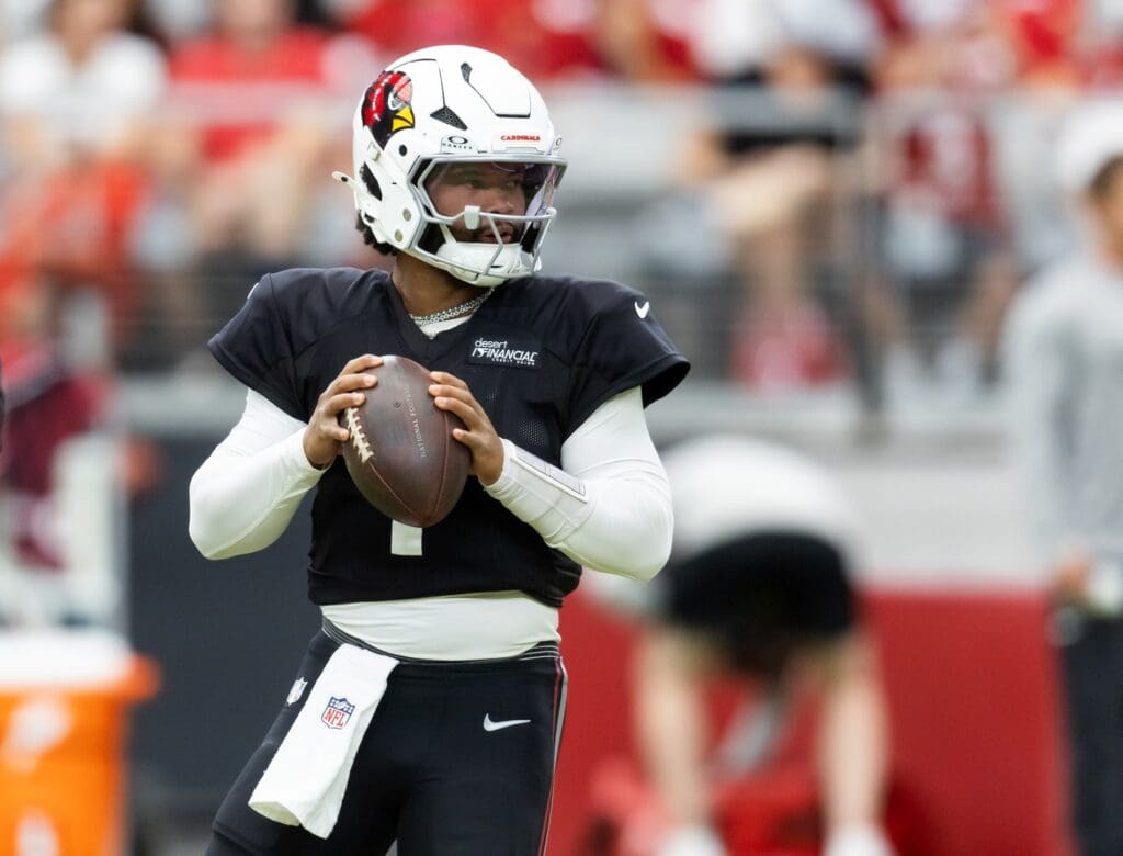 Aug 2, 2025; Glendale, AZ, USA; Arizona Cardinals quarterback Kyler Murray (1) during the Red and White practice in training camp at State Farm Stadium. 