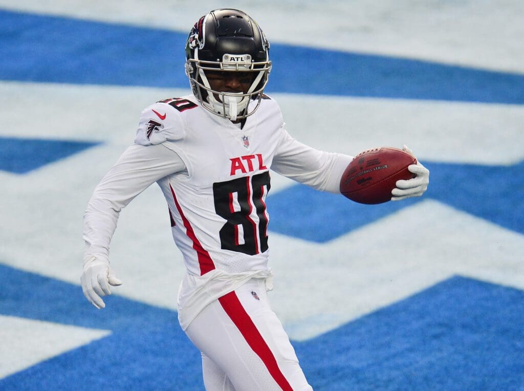 Dec 13, 2020; Inglewood, California, USA; Atlanta Falcons wide receiver Laquon Treadwell (80) scores a touchdown against the Los Angeles Chargers during the first half at SoFi Stadium. 