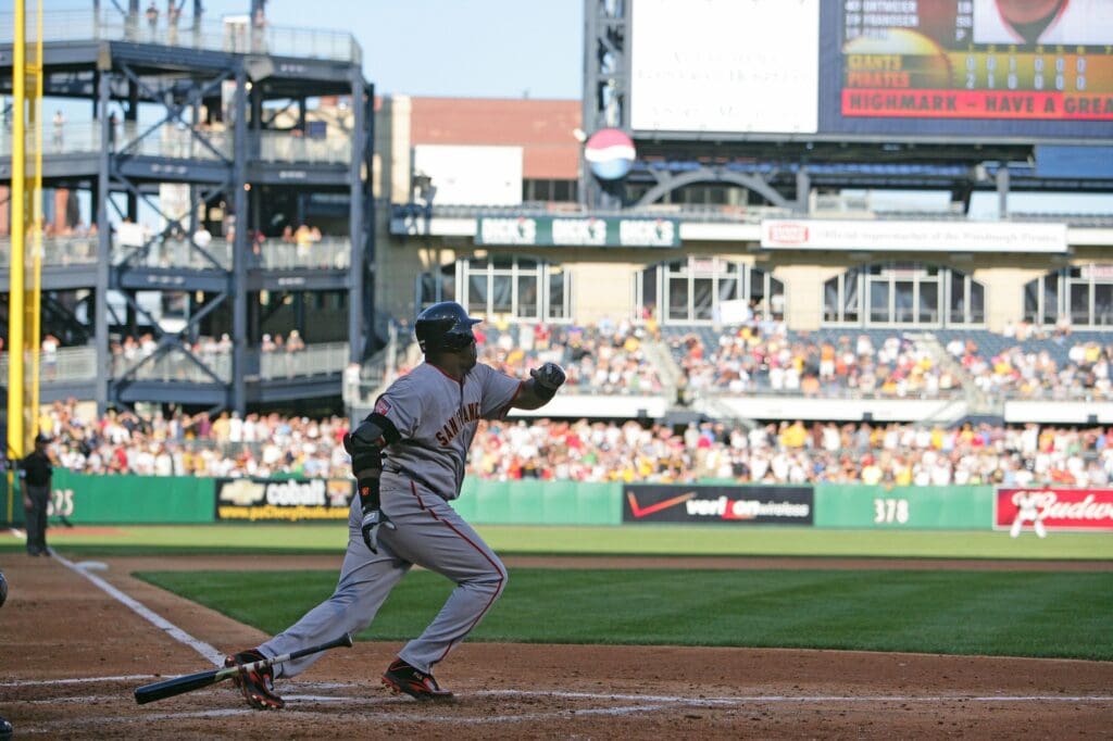 Aug 13, 2007; Pittsburgh, PA, USA; San Francisco Giants left fielder (25) Barry Bonds singles in the 7th inning against the Pittsburgh Pirates at PNC Park in Pittsburgh, PA. The Pirates beat the Giants 3-1 in game 1.