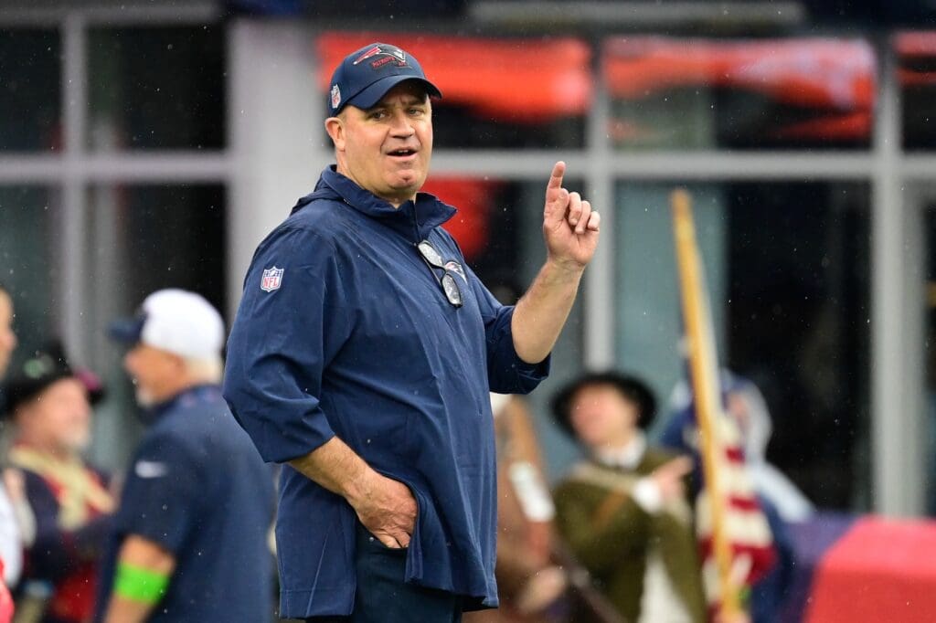 Sep 10, 2023; Foxborough, Massachusetts, USA; New England Patriots offensive coordinator / quarterbacks coach Bill OBrien prepares for a game against the Philadelphia Eagles during the warm-up period at Gillette Stadium. 