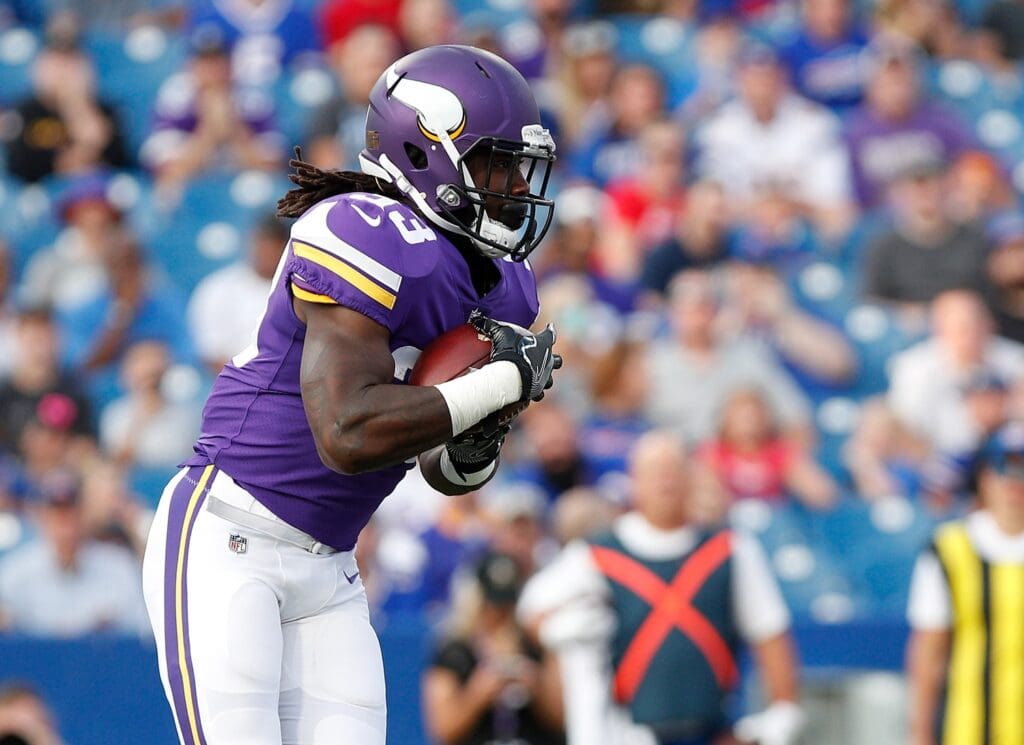 Aug 10, 2017; Orchard Park, NY, USA; Minnesota Vikings running back Bishop Sankey (43) during the game against the Buffalo Bills at New Era Field.