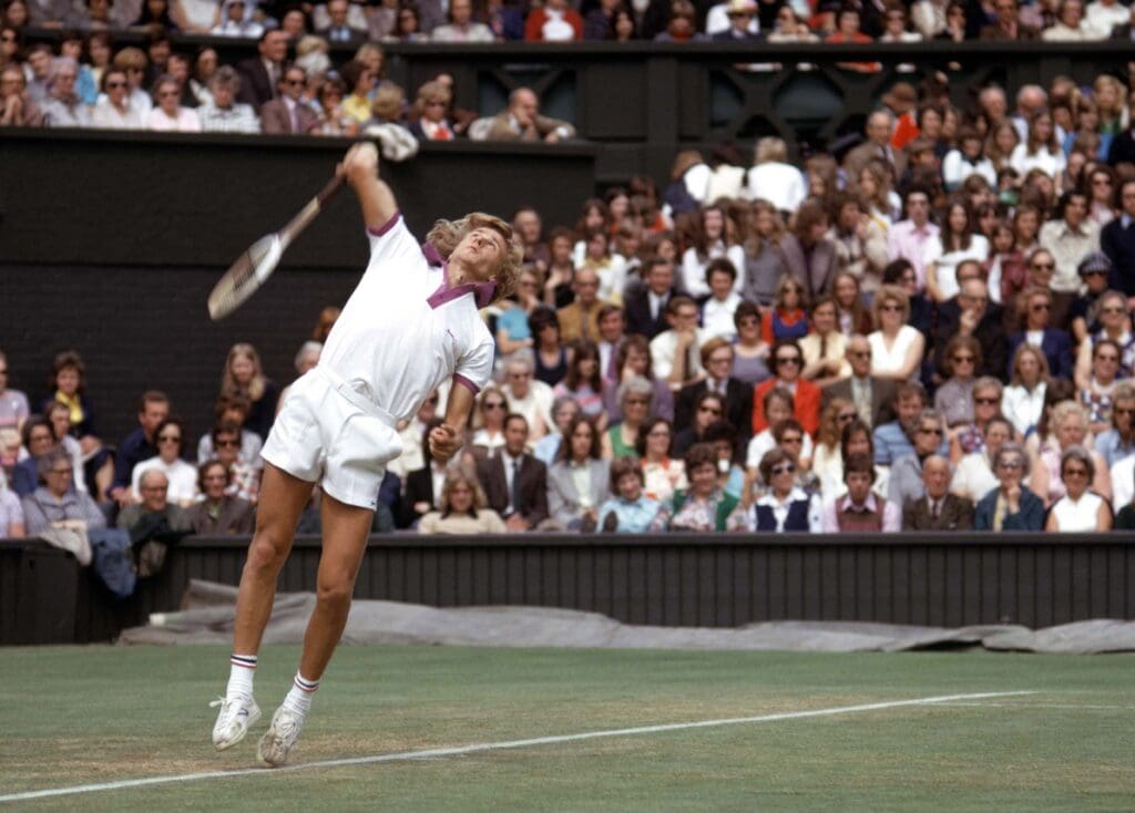 Jul 1, 1973; London, ENGLAND; FILE PHOTO; Bjorn Borg serves during a match in the 1973 Wimbledon Championships at the All England Lawn Tennis Club. 