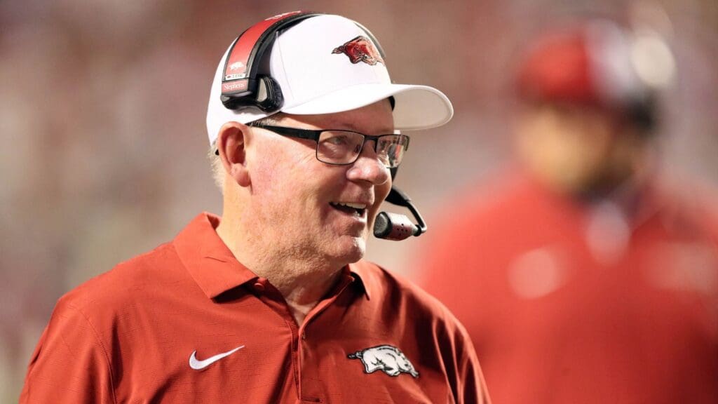 Aug 29, 2024; Little Rock, Arkansas, USA; Arkansas Razorbacks offensive coordinator Bobby Petrino during the second half against the Pine Bluff Golden Lions at War Memorial Stadium. Arkansas won 70-0. 