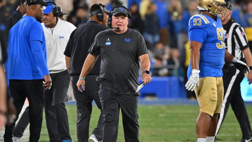 Oct 29, 2022; Pasadena, California, USA; UCLA Bruins head coach Chip Kelly reacts on the sidelines in the second half against the Stanford Cardinal at the Rose Bowl. 