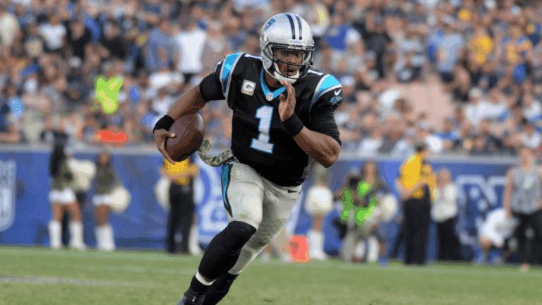 Nov 6, 2016; Los Angeles, CA, USA; Carolina Panthers quarterback Cam Newton (1) carries the ball against the Los Angeles Rams during a NFL football game at Los Angeles Memorial Coliseum. The Panthers defeated the Rams 13-10.