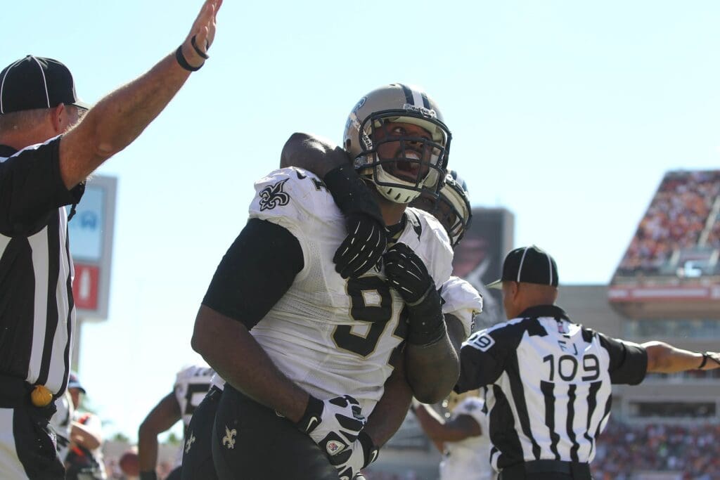 October 21, 2012; Tampa, FL, USA; New Orleans Saints defensive end Cameron Jordan (94) reacts after he stopped the Tampa Bay Buccaneers on fourth down and goal during the second half at Raymond James Stadium. New Orleans Saints defeated the Tampa Bay Buccaneers 35-28