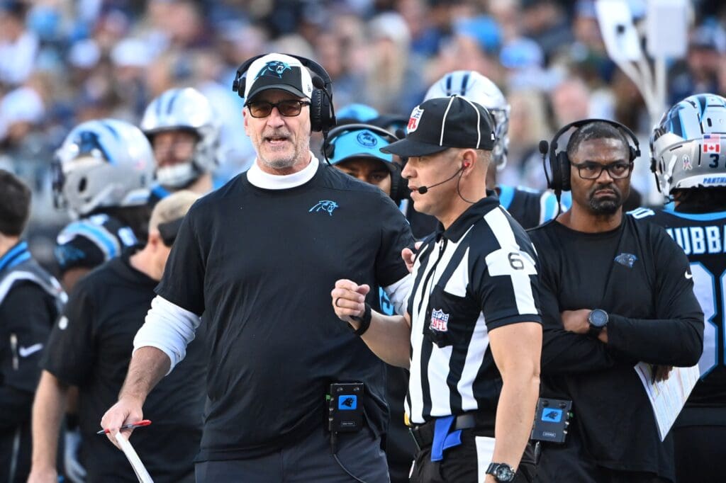 Nov 19, 2023; Charlotte, North Carolina, USA; Carolina Panthers head coach Frank Reich reacts in the third quarter at Bank of America Stadium. 