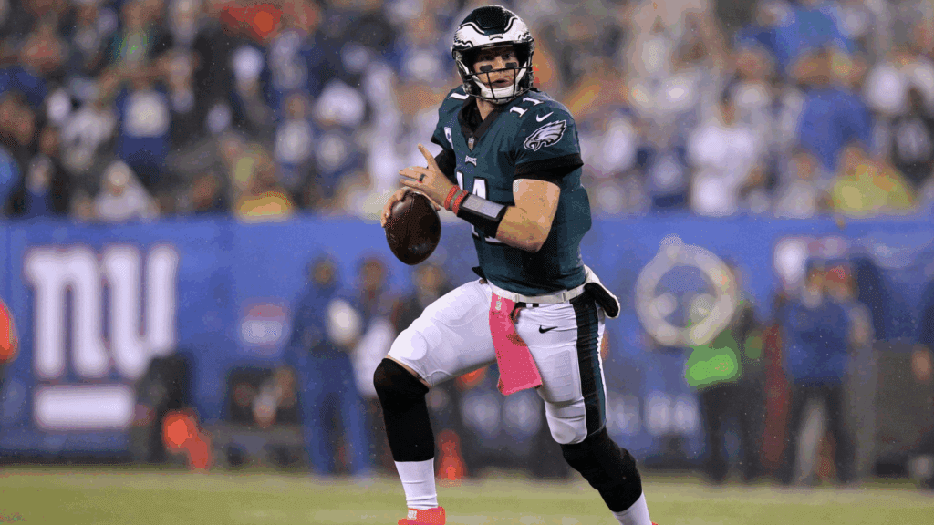 Oct 11, 2018; East Rutherford, NJ, USA; Philadelphia Eagles quarterback Carson Wentz (11) looks to pass against the New York Giants during the first quarter at MetLife Stadium.