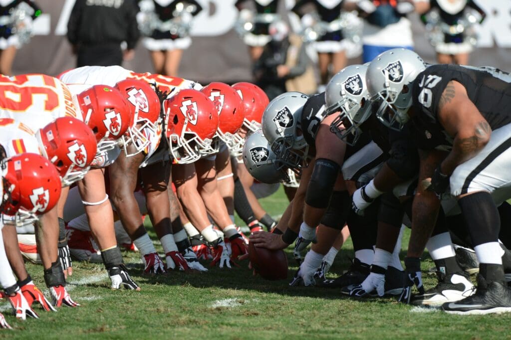 December 15, 2013; Oakland, CA, USA; General view of the line of scrimmage between the Oakland Raiders and the Kansas City Chiefs during the first quarter at O.co Coliseum.