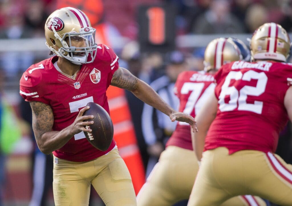 Jan 1, 2017; Santa Clara, CA, USA; San Francisco 49ers quarterback Colin Kaepernick (7) prepares to pass the football against the Seattle Seahawks during the first quarter at Levis Stadium.