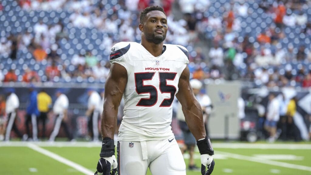 Sep 15, 2024; Houston, Texas, USA; Houston Texans defensive end Danielle Hunter (55) before the game against the Chicago Bears at NRG Stadium