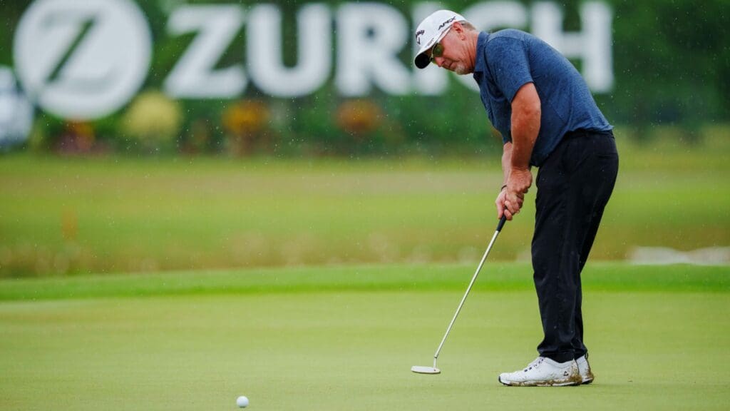 Apr 21, 2023; Avondale, Louisiana, USA; David Duval putts on the 18th green during the second round of the Zurich Classic of New Orleans golf tournament.