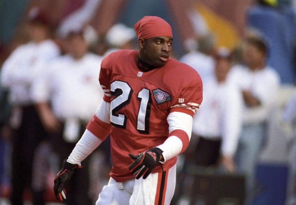 Jan 29, 1995; Miami, FL, USA; FILE PHOTO; San Francisco 49ers cornerback Deion Sanders (21) on the field prior to Super Bowl XXIX against the San Diego Chargers at Joe Robbie Stadium. San Francisco defeated San Diego 49-26.