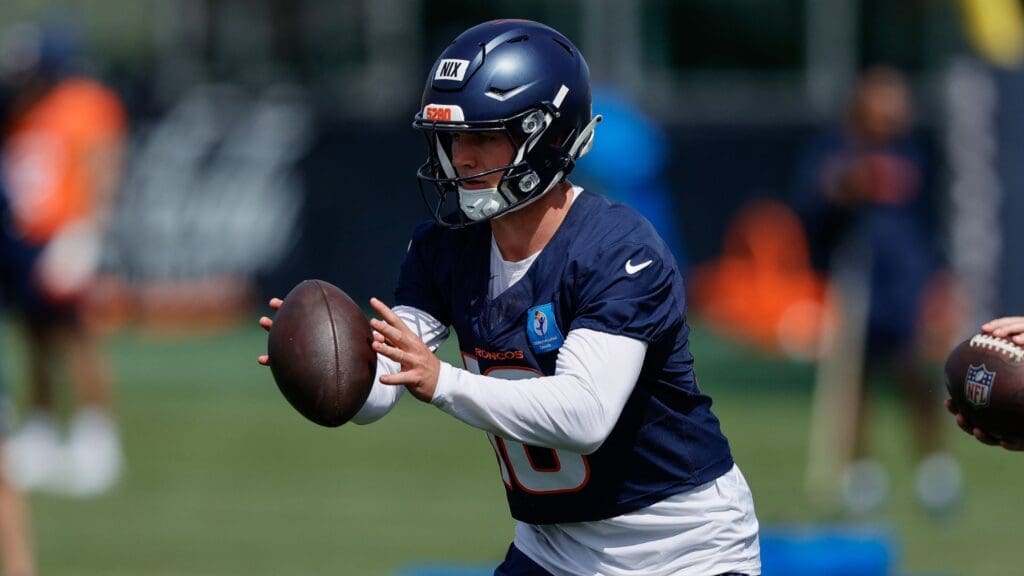 Jul 24, 2025; Englewood, CO, USA; Denver Broncos quarterback Bo Nix (10) during Denver Broncos Training Camp. 