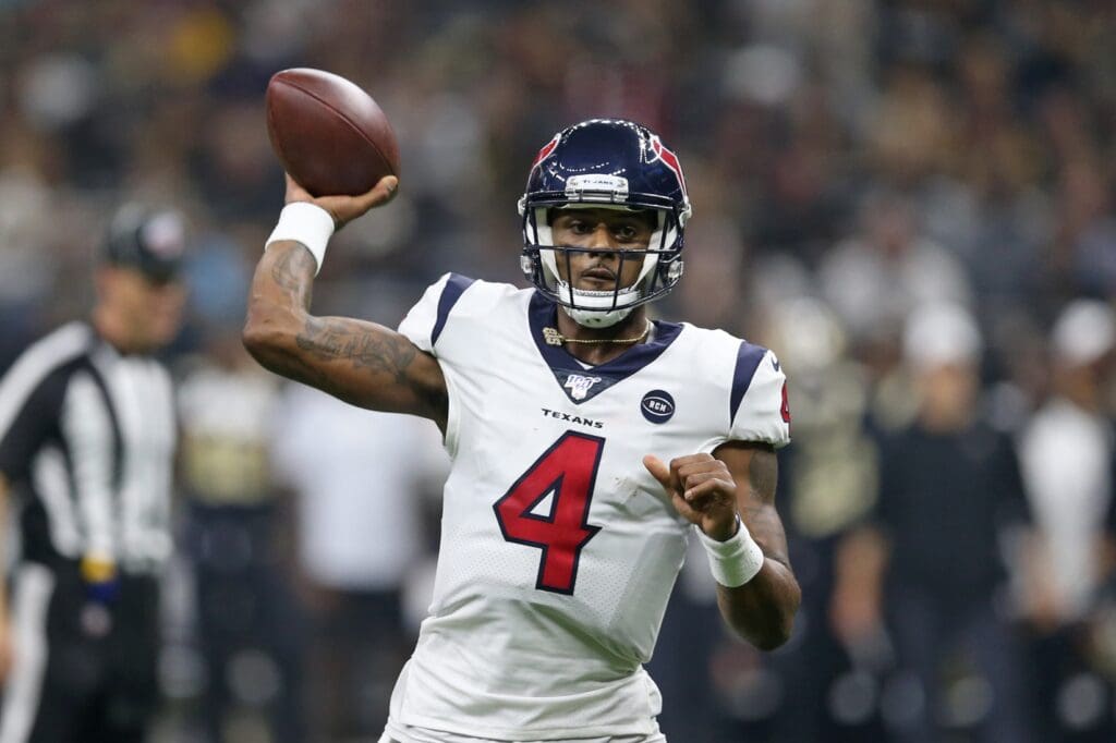 Sep 9, 2019; New Orleans, LA, USA; Houston Texans quarterback Deshaun Watson (4) makes a throw in the second quarter against the New Orleans Saints at the Mercedes-Benz Superdome. 