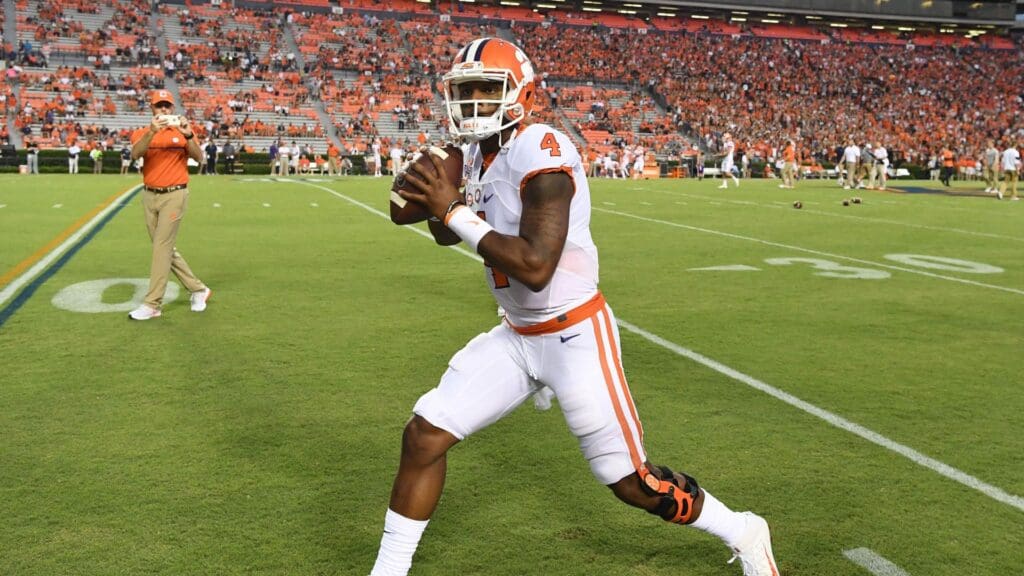 Sep 3, 2016; Auburn, AL, USA; Clemson Tigers quarterback Deshaun Watson (4) runs through drills during pre-game warmups between the Auburn Tigers and the Clemson Tigers at Jordan Hare Stadium.