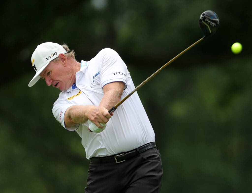 Ernie Els of South Africa sends his ball down the No. 3 fairway during the first round of the 2025 Kaulig Companies Championship at Firestone Country Club, Thursday, June 19, 2025, in Akron, Ohio