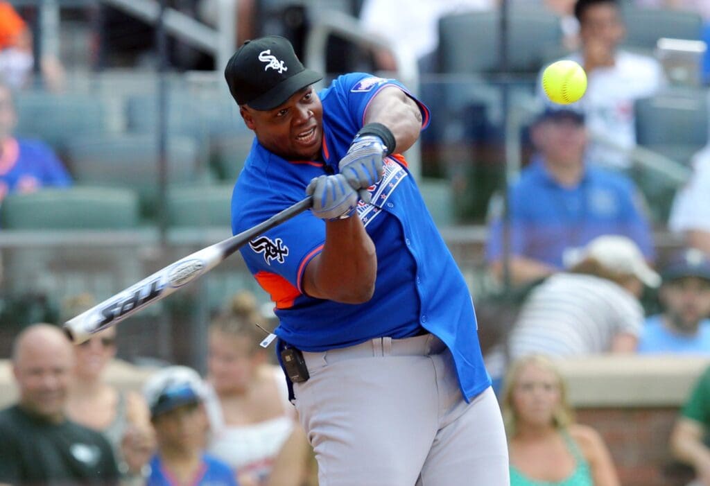 Jul 14, 2013; Flushing, NY, USA; MLB former player Frank Thomas hits a home run during the 2013 All Star Legends and Celebrity softball game at Citi Field.