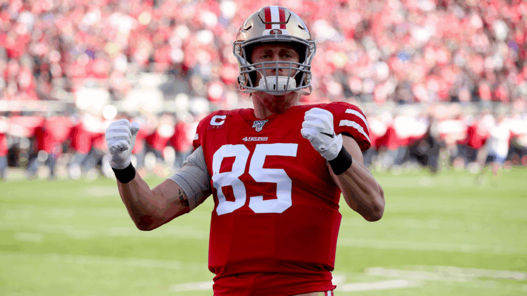 Jan 11, 2020; Santa Clara, California, USA; San Francisco 49ers tight end George Kittle (85) interacts with the crowd before the start of the game against the Minnesota Vikings in a NFC Divisional Round playoff football game at Levi's Stadium.