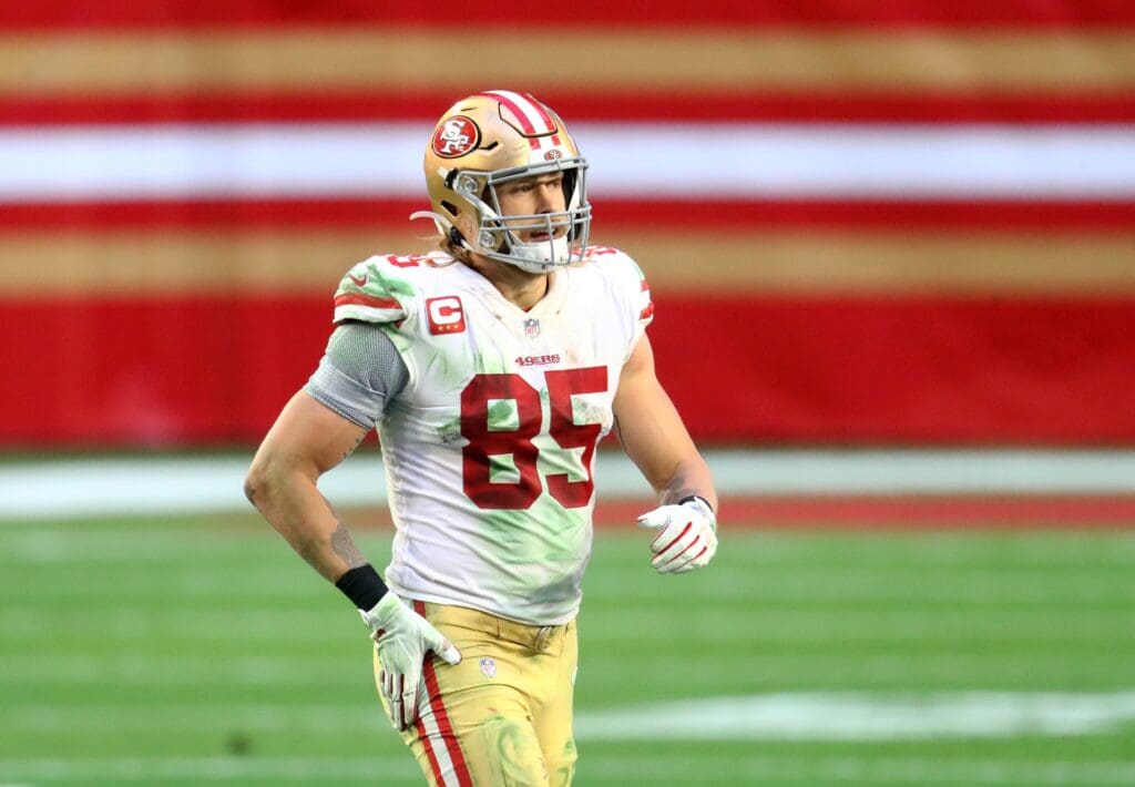 Jan 3, 2021; Glendale, Arizona, USA; San Francisco 49ers tight end George Kittle (85) against the Seattle Seahawks at State Farm Stadium.