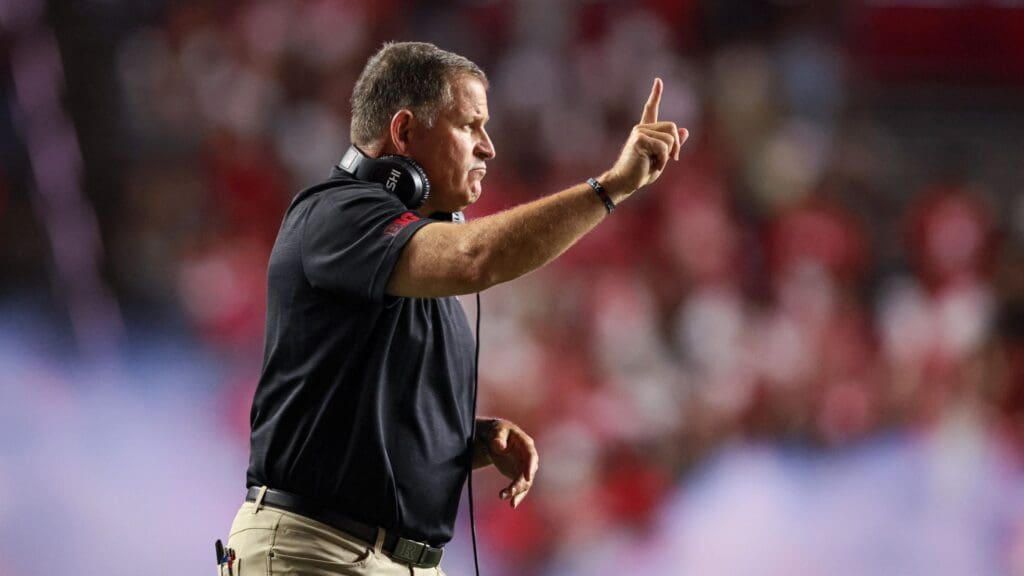 Aug 29, 2024; Piscataway, New Jersey, USA; Rutgers Scarlet Knights head coach Greg Schiano reacts after a Scarlet Knights touchdown during the second half against the Howard Bison at SHI Stadium.