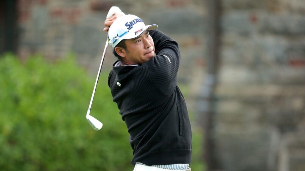 Sep 14, 2020; Mamaroneck, New York, USA; Hideki Matsuyama tees off from the tenth tee during a practice round for the 2020 U.S. Open golf tournament at Winged Foot Golf Club - West. 