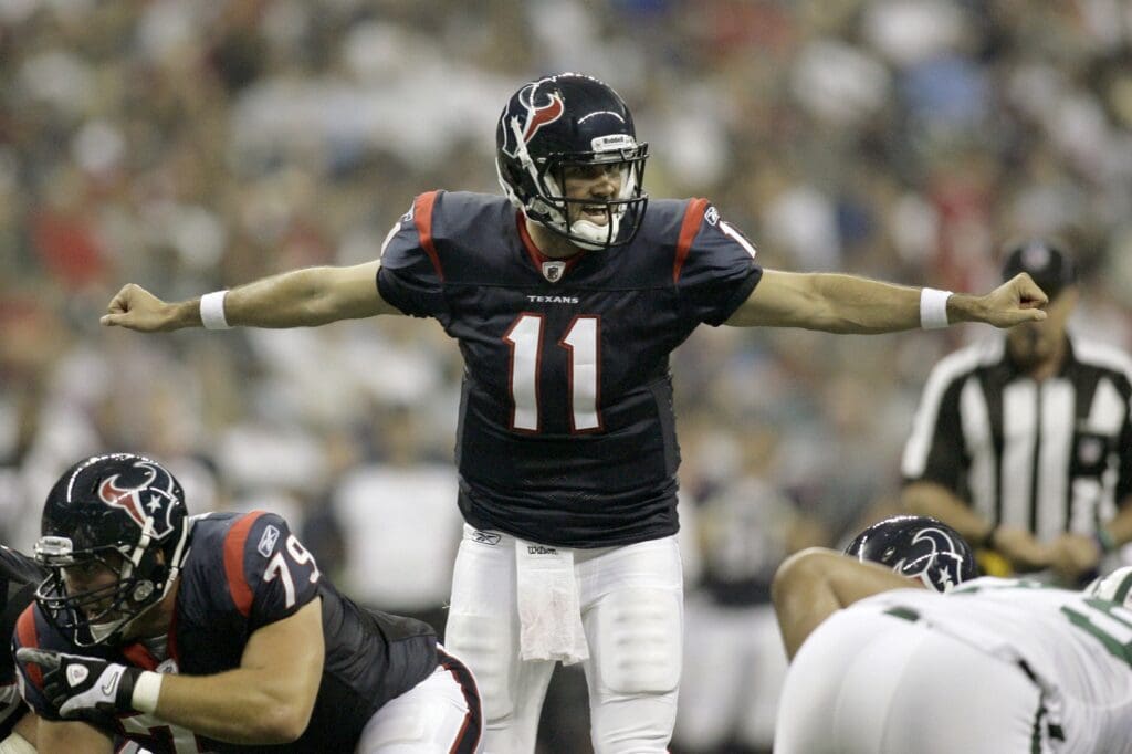 Aug 15, 2011; Houston, TX, USA; Houston Texans quarterback Matt Leinart (11) calls signals at the line against the New York Jets in the second quarter at Reliant Stadium